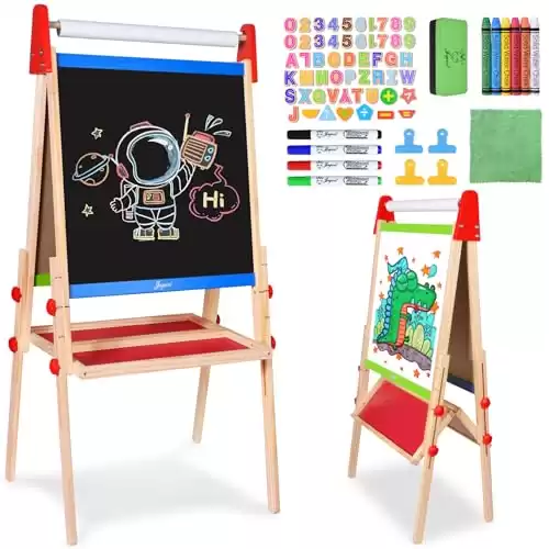 Joyooss Easel for Kids Easel, Wooden Easel Whiteboard & Chalkboard Easel, Foldable Height Adjustable Double Sided Toddler Art Easel Kids, Art Easel for Kids Age 4-8 9-12 Magnetic Board for Kids Ea...