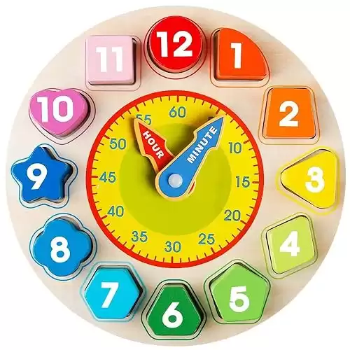 Skrtuan Wooden Shape Color Sorting Clock- Teaching Time Number Blocks Clock Shape Sorting Puzzle Montessori Early Learning Educational Toy Gift for 1 2 3 Year Old Toddler Baby Kids